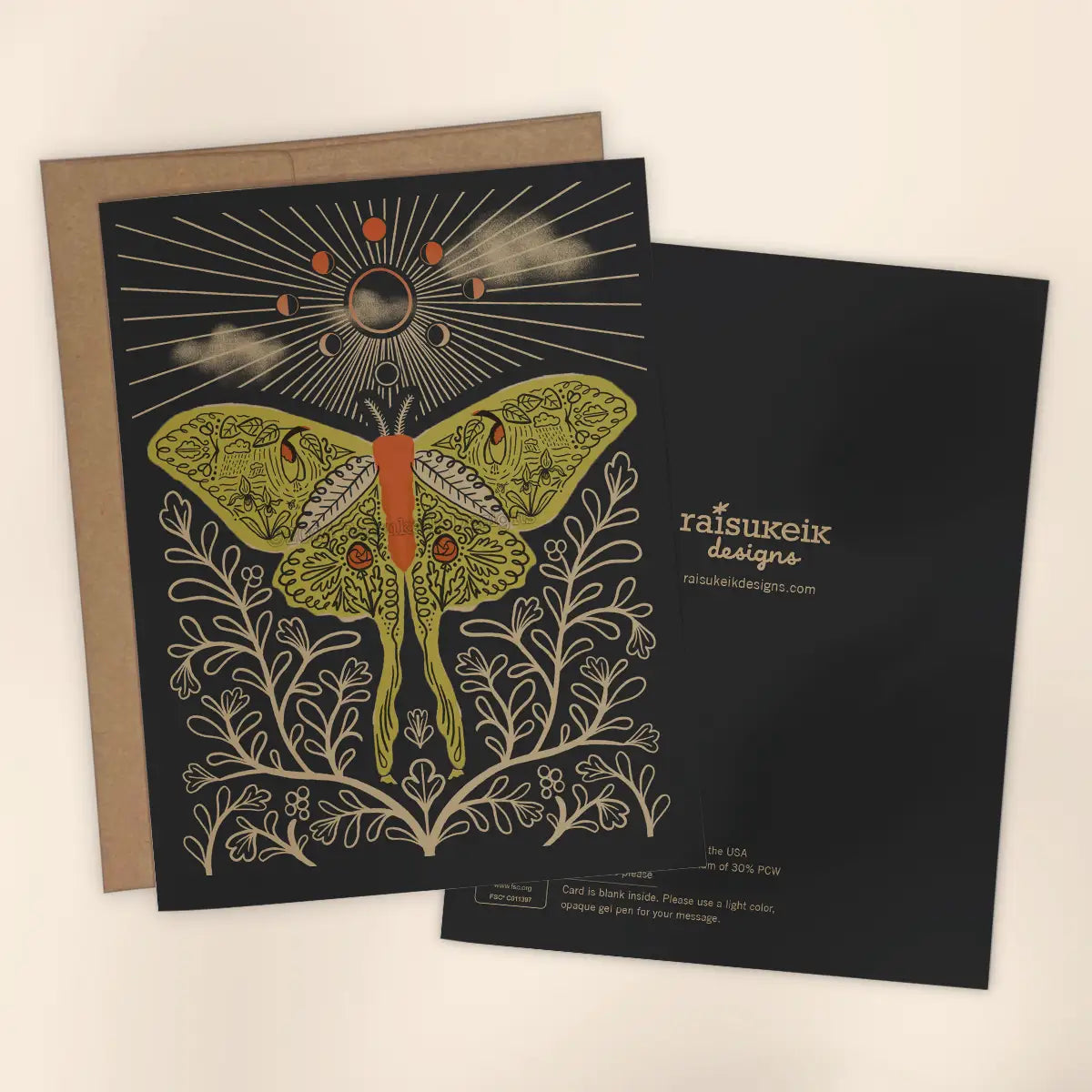 Black & Metallic Gold Celestial Luna Moth Risograph Greeting Card