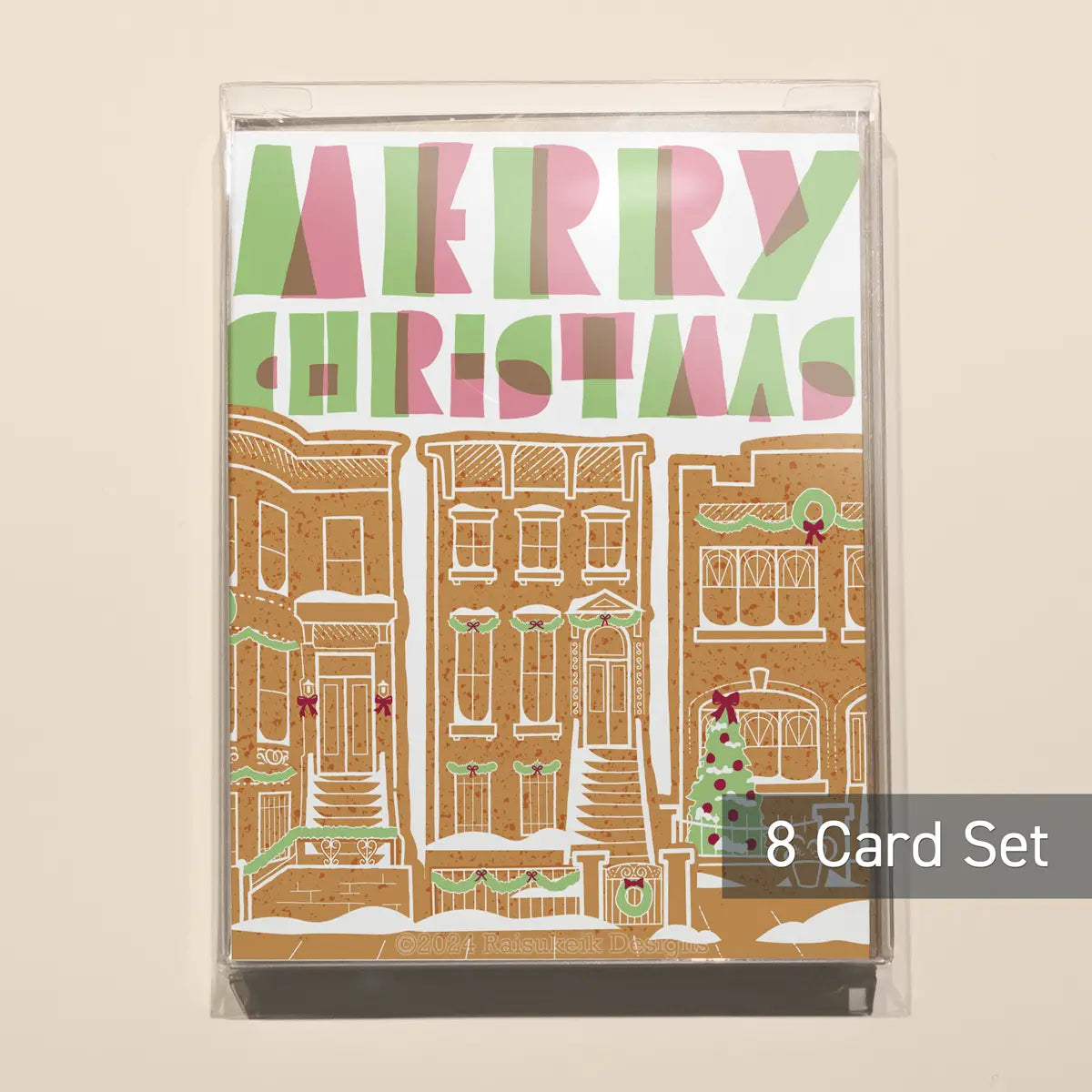 Set of 8 Gingerbread Brownstones Christmas Greeting Cards
