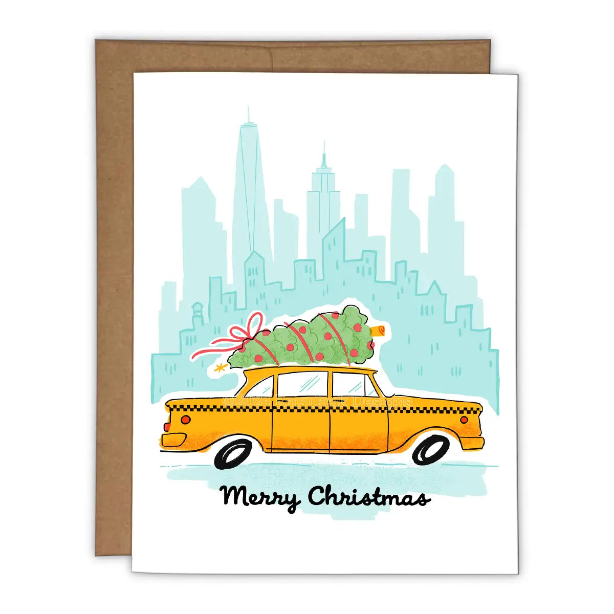 Classic NYC Merry Christmas Cab Risograph Greeting Card