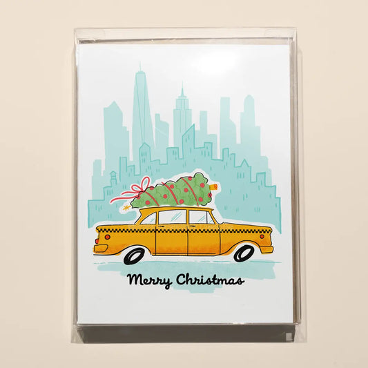 Set of 8 Classic NYC Merry Christmas Cab Risograph Greeting Cards