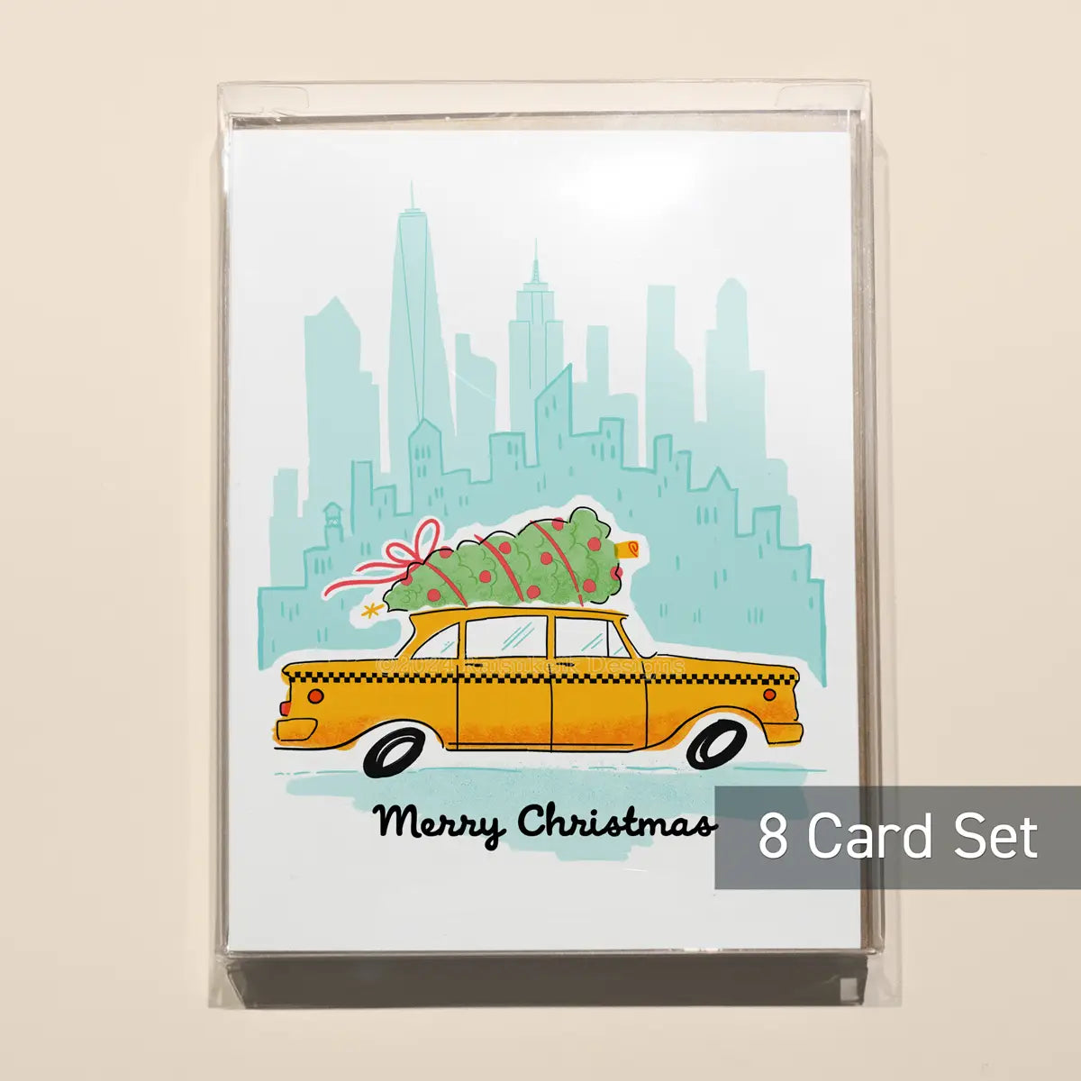 Set of 8 Classic NYC Merry Christmas Cab Risograph Greeting Cards