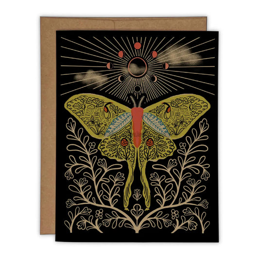Celestial Luna Moth Black & Metallic Gold Risograph Greeting Card